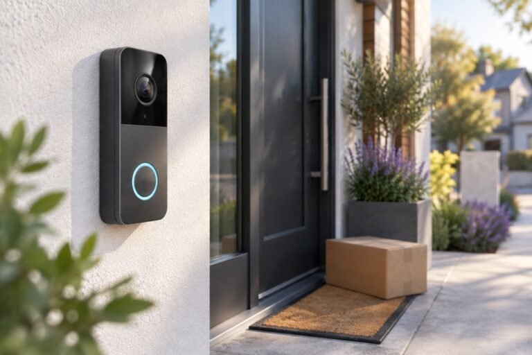 Smart video doorbell beside a front door with a delivered package