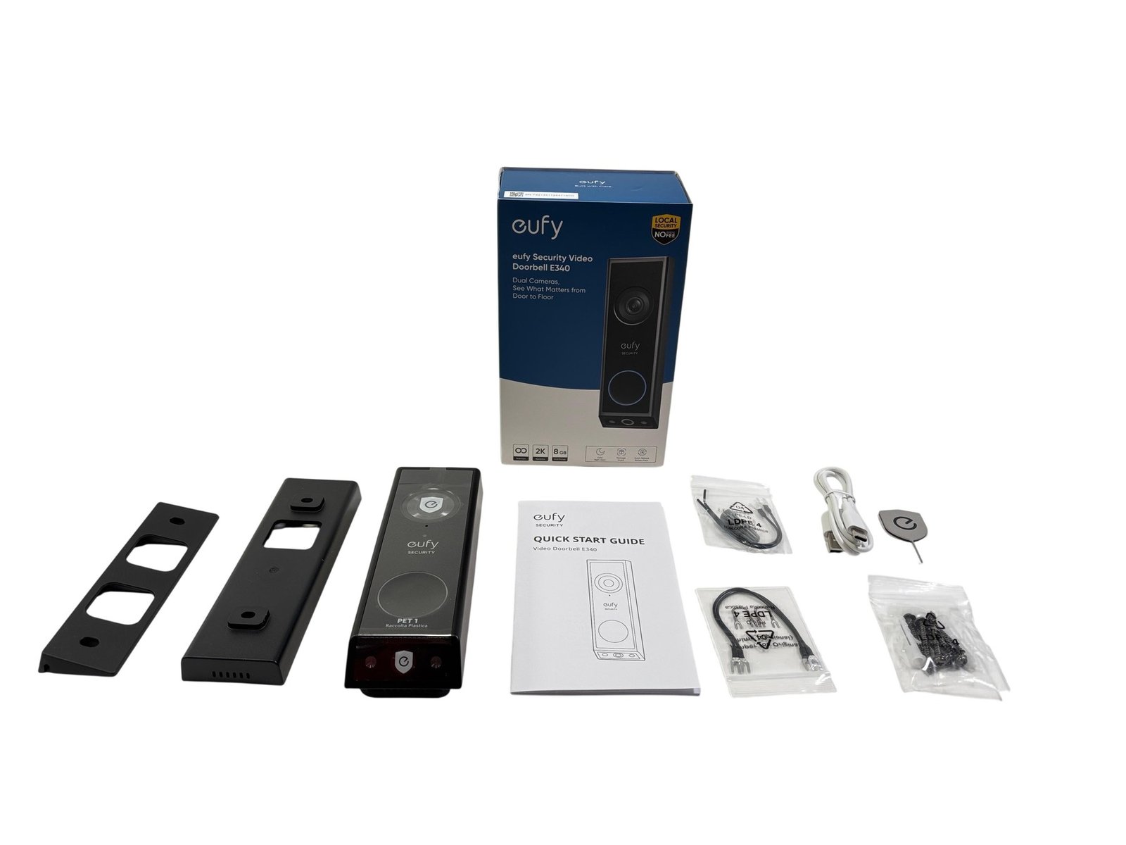 Eufy Video Doorbell E340 with mounting hardware and accessories
