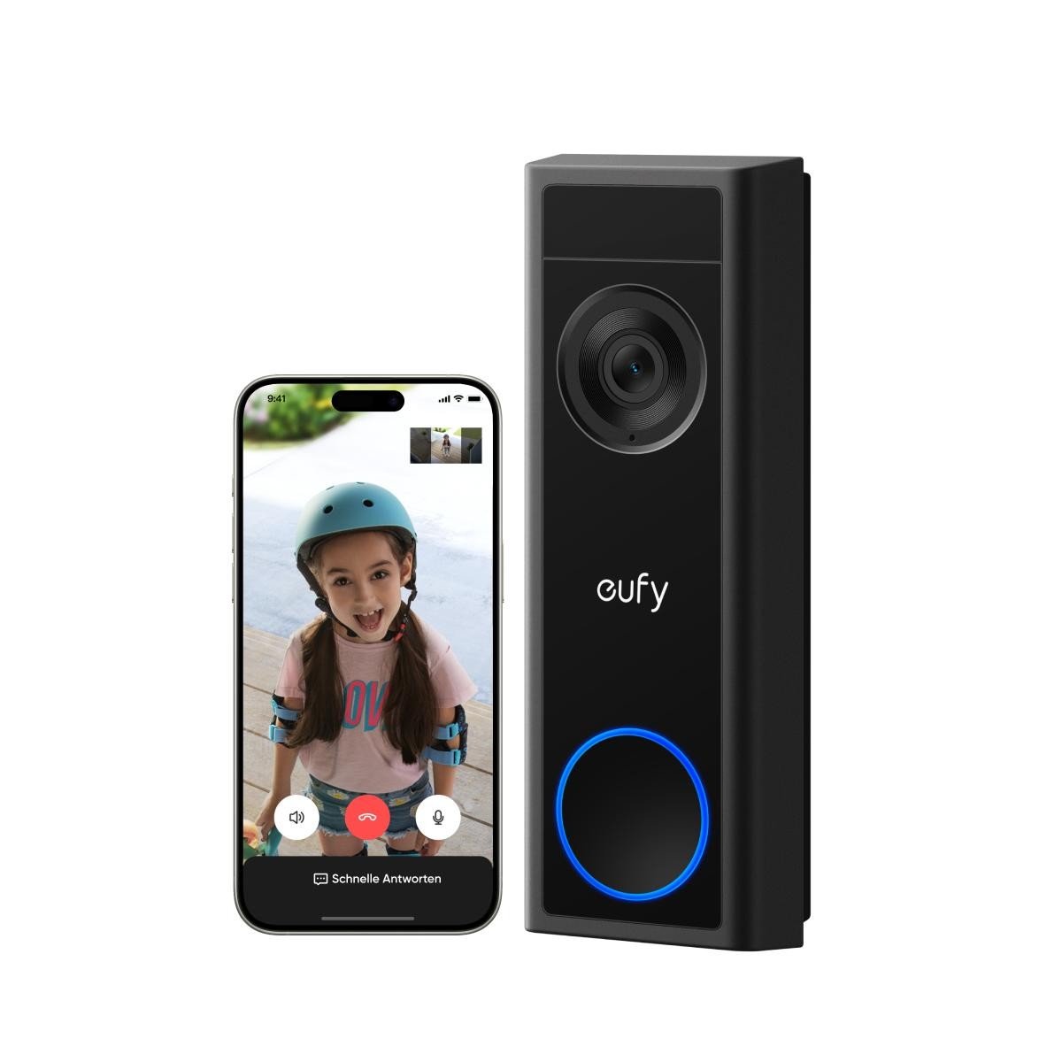 Eufy Video Doorbell C31 shown with a live video call