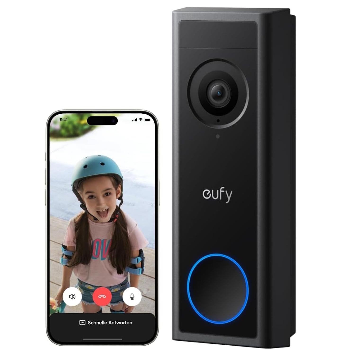 Eufy Video Doorbell C30 shown with a live video call