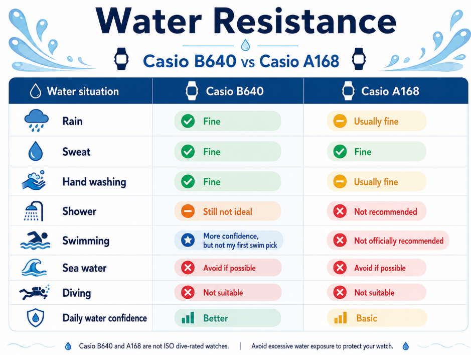 casio A168 vs B640 Water Resistance