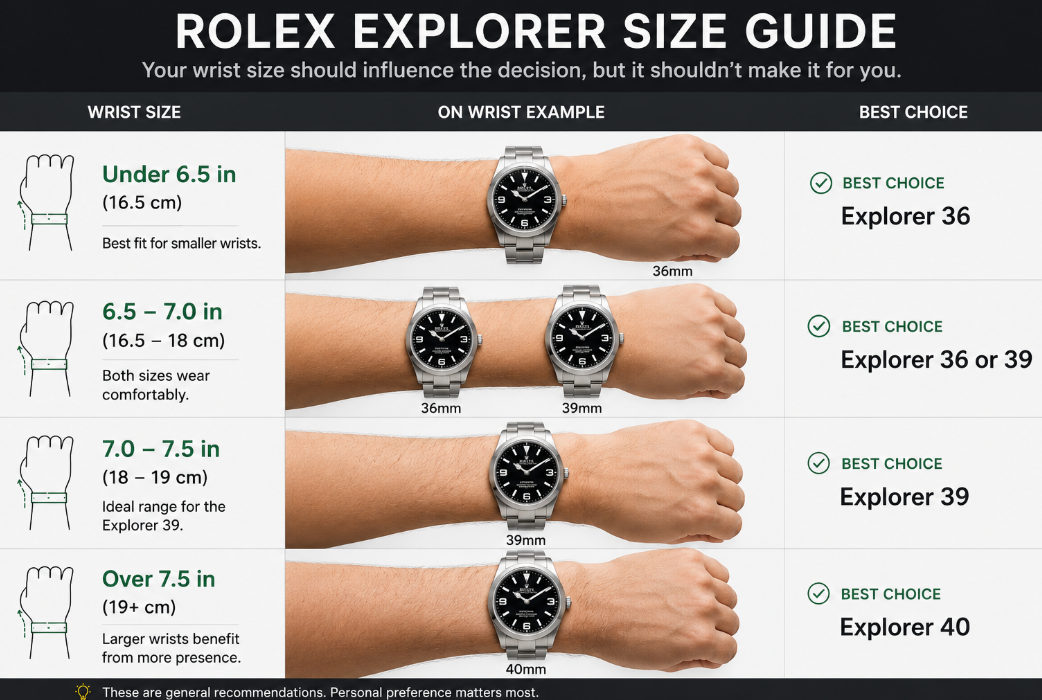 Rolex Explorer 36mm vs 39mm vs 40mm Size Guide