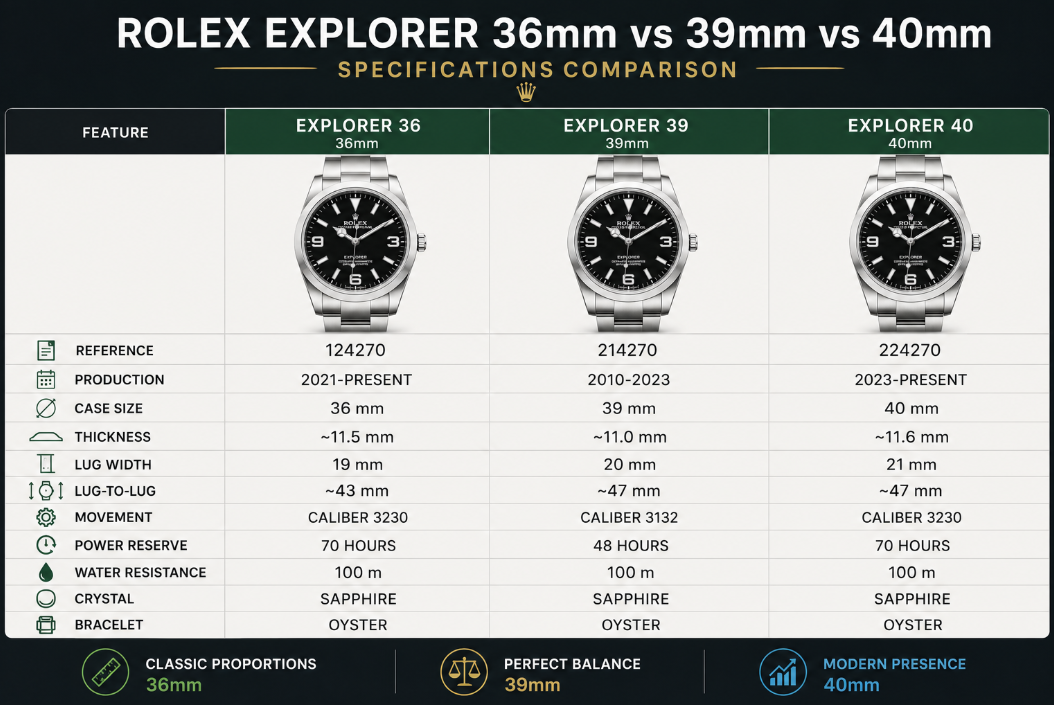 Rolex Explorer 36mm vs 39mm vs 40mm - Which Explorer Size Is Best?