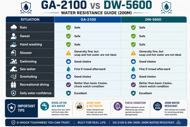 Water Resistance G-Shock CasiOak GA-2100 vs DW-5600