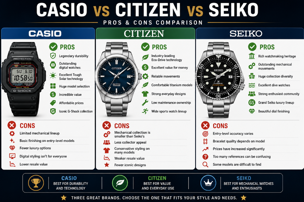 Seiko vs Citizen vs Casio Pros and Cons