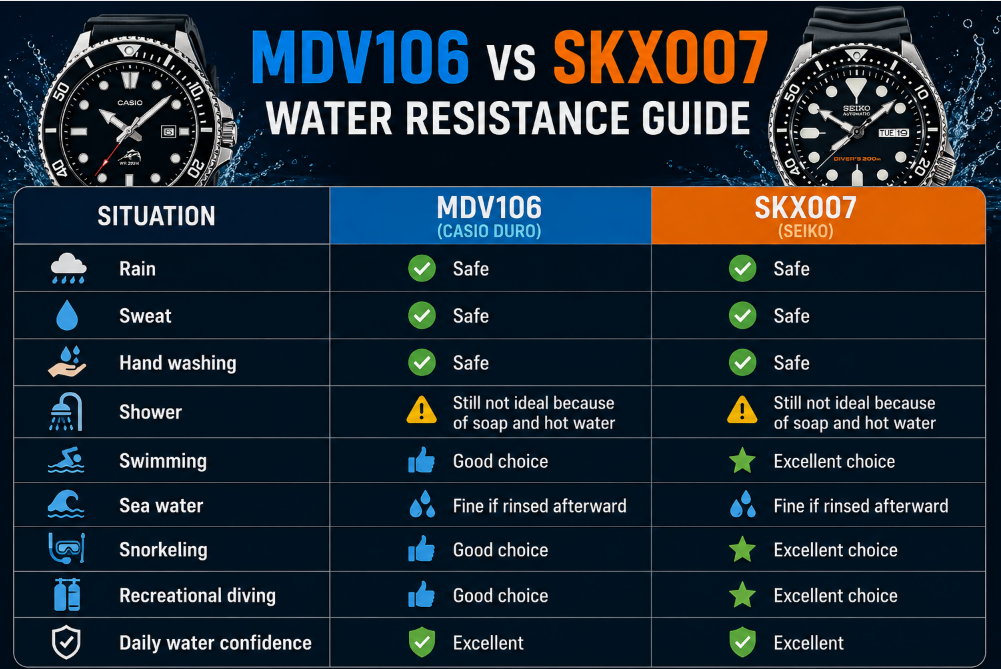 Water Resistance Casio MDV106 vs Seiko SKX007 diver certification