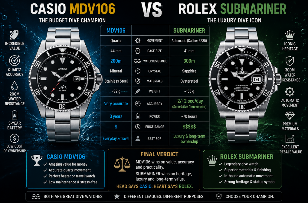 Water Resistance casio duro mdv106 vs rolex submariner 