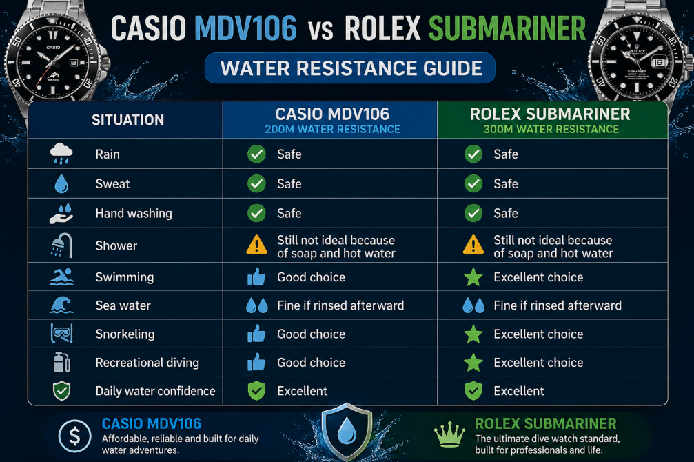 Water Resistance casio duro mdv106 vs rolex submariner 
