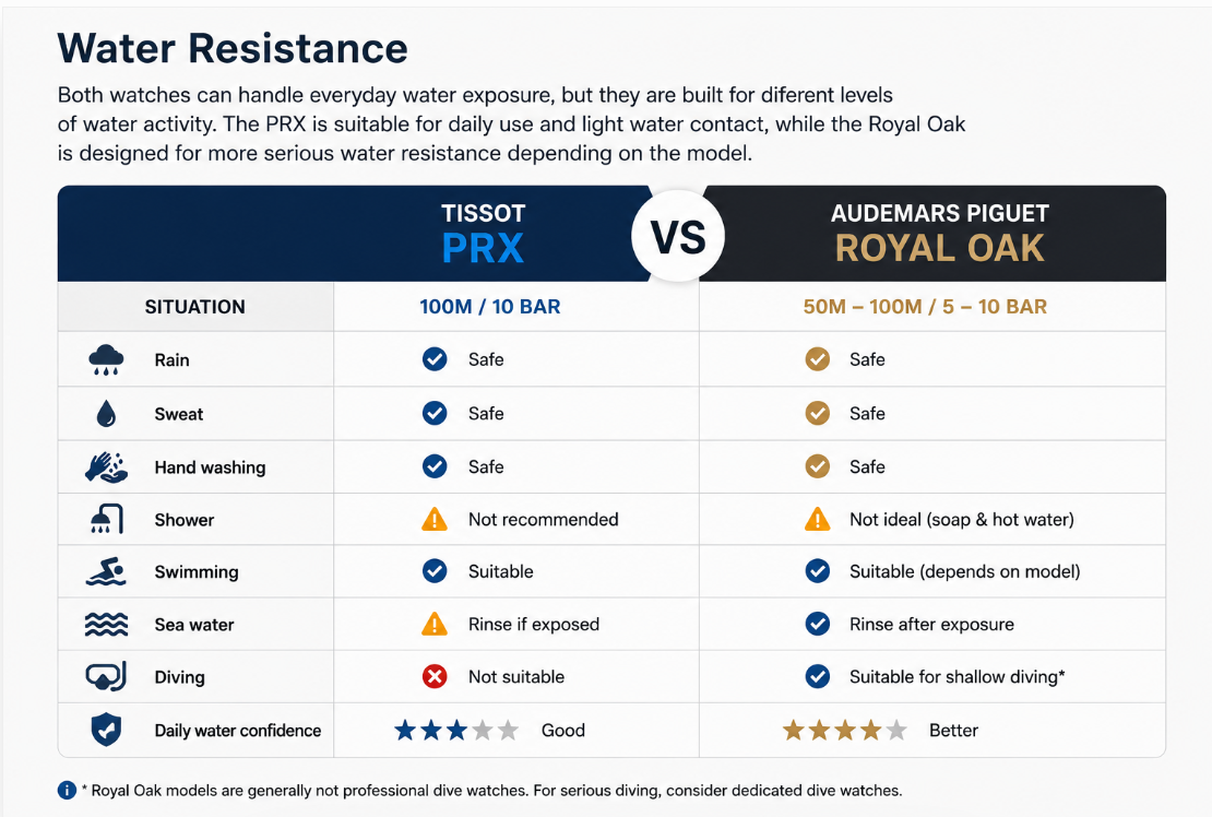 AP royal oak vs tissot prx water resistance