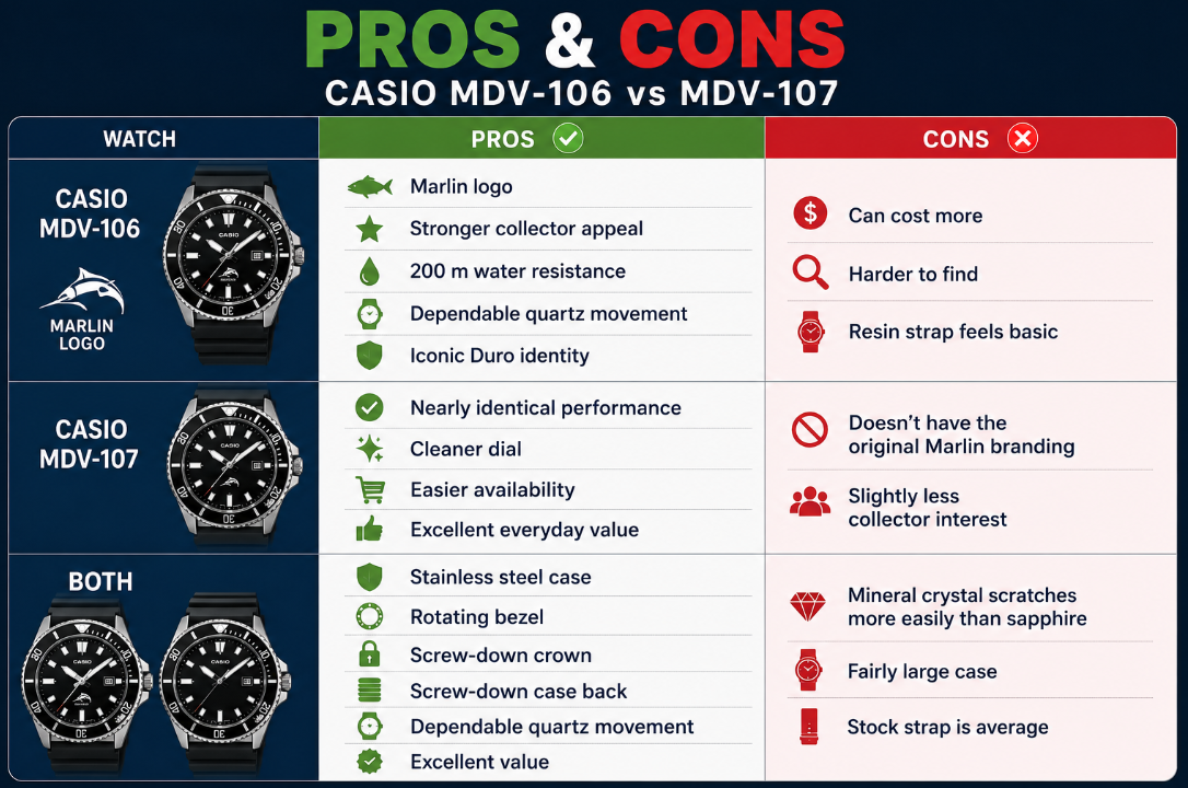 Pros and Cons Casio MDV106 vs MDV-107: Casio Duro 