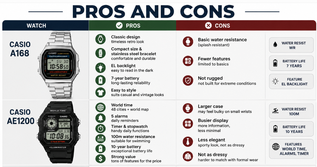 Pros and Cons casio ae1200 vs a168