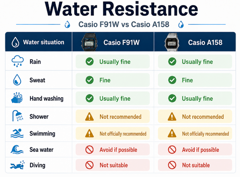 Water Resistance casio f91 vs a158