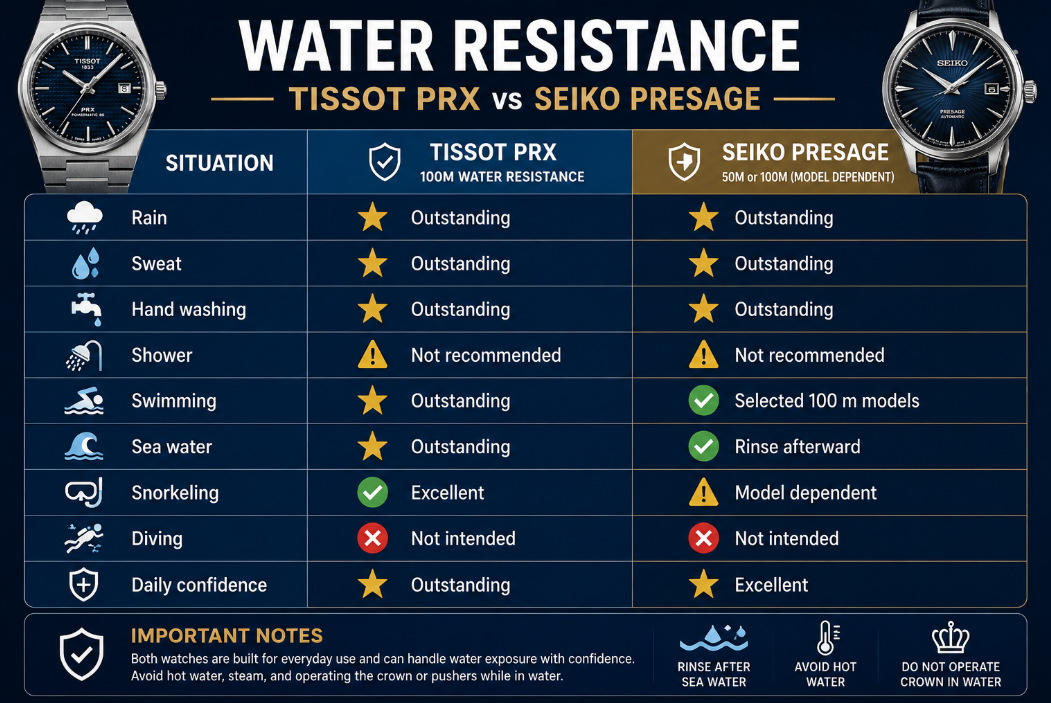 Water Resistance Tissot PRX vs Seiko Presage