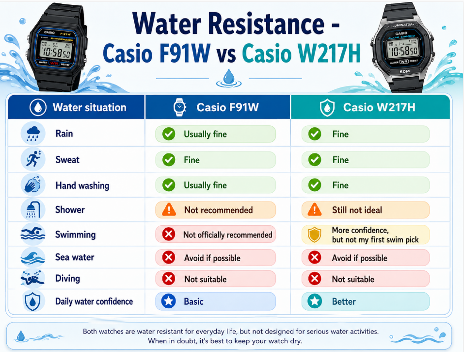 Water Resistance Casio W217H vs F91W 