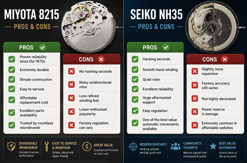 Pros and cons Seiko NH35 vs Miyota 8215