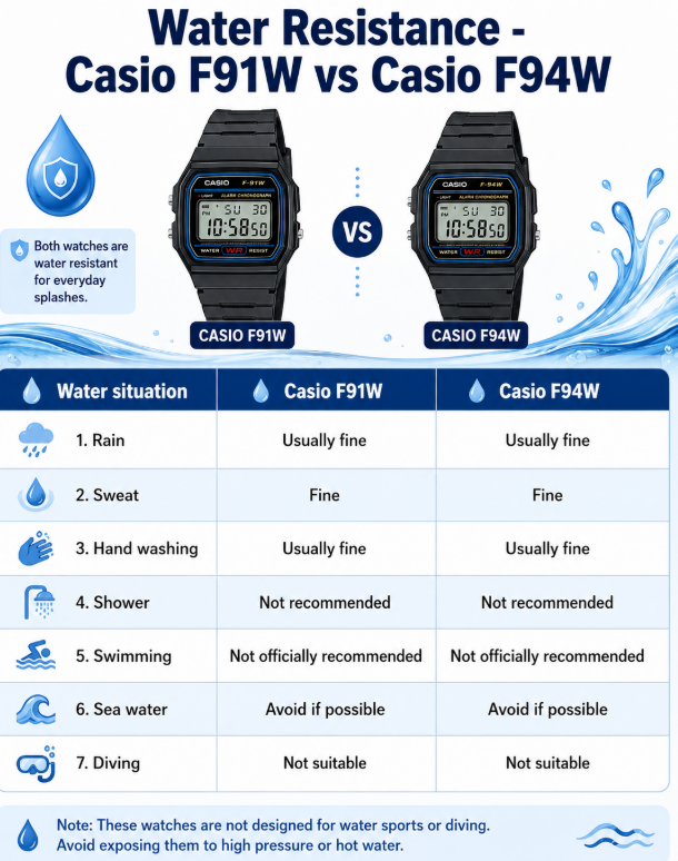 Water Resistance casio vintage f91 vs f94