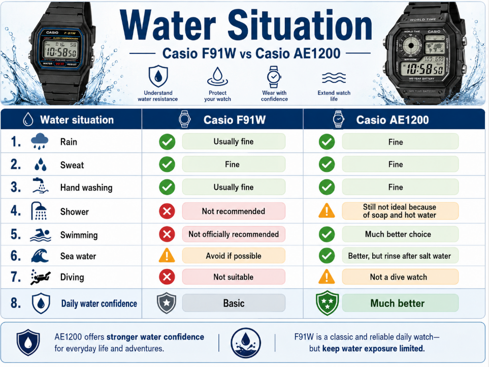 Water Resistance casio AE1200 vs f91w