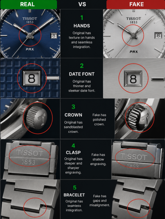 Tissot PRX Fake vs Original Quick Comparison How to Tell a Fake Tissot PRX from an Original1