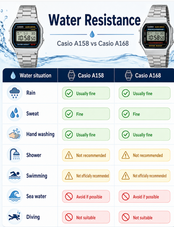 casio a158 vs a159 vs a168 Water Resistance