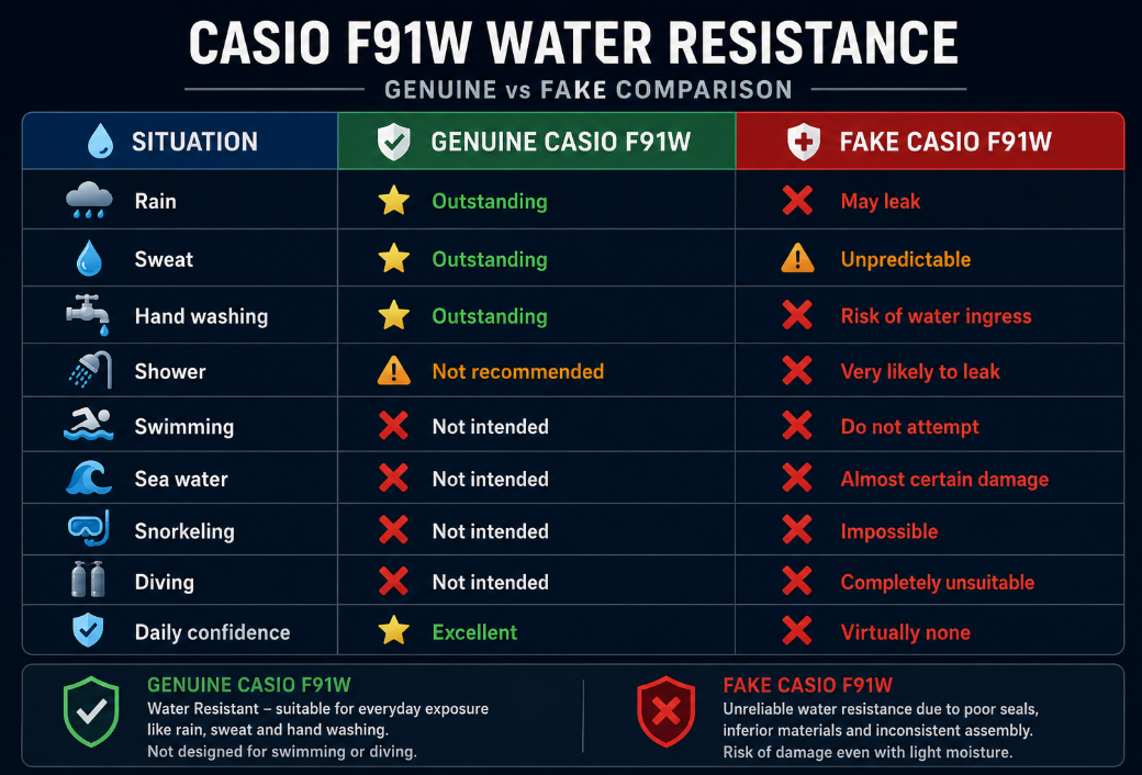 Water Resistance Casio F91W Fake vs Original